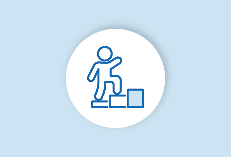 Icon of person ascending steps indicating progress.