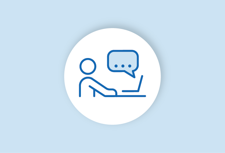Icon of person participating in a conversation via computer.