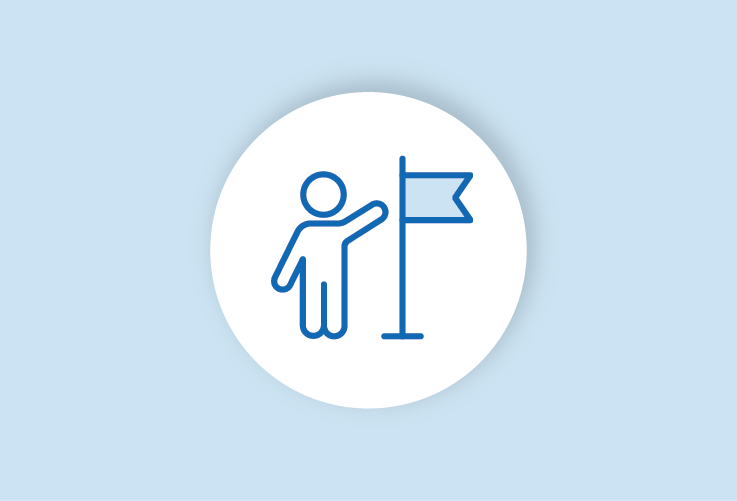 Icon of person with flag indicating completion of tasks or accomplishment.