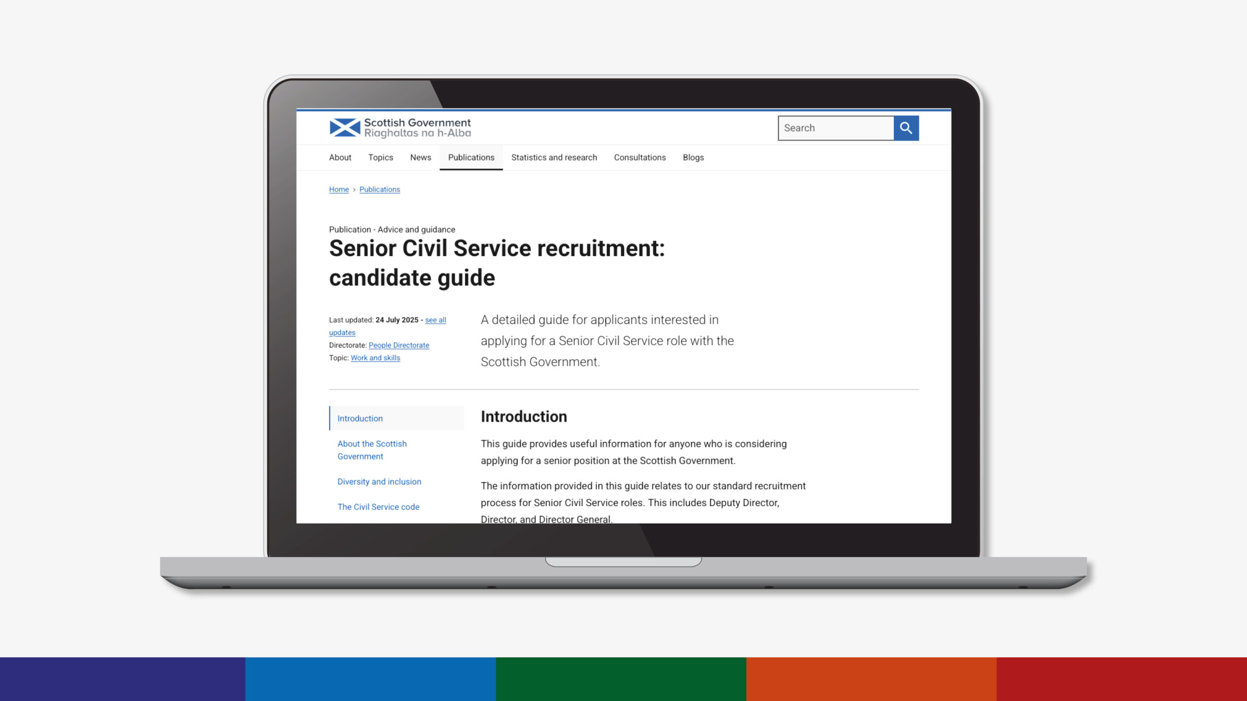 laptop with screengrab of Senior Civil Service Recruitment Guide