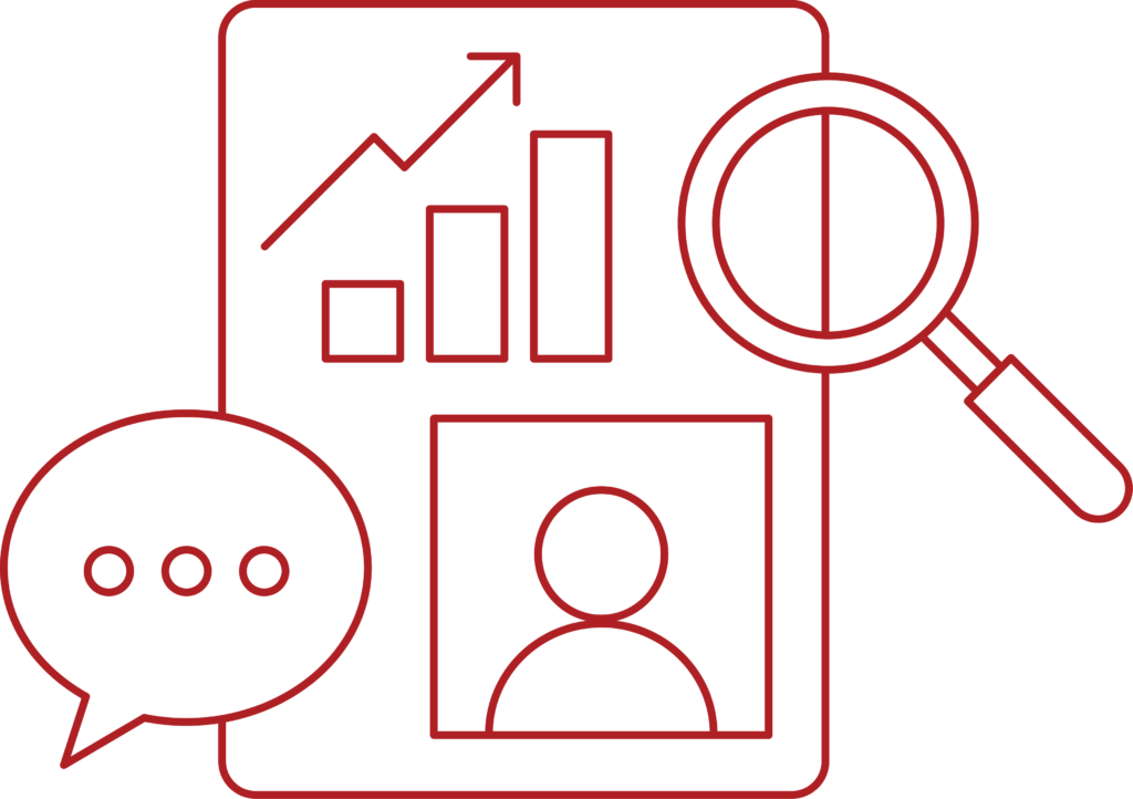 Icon representing social research profession depicting document, with magnifying glass, speech bubble and person.