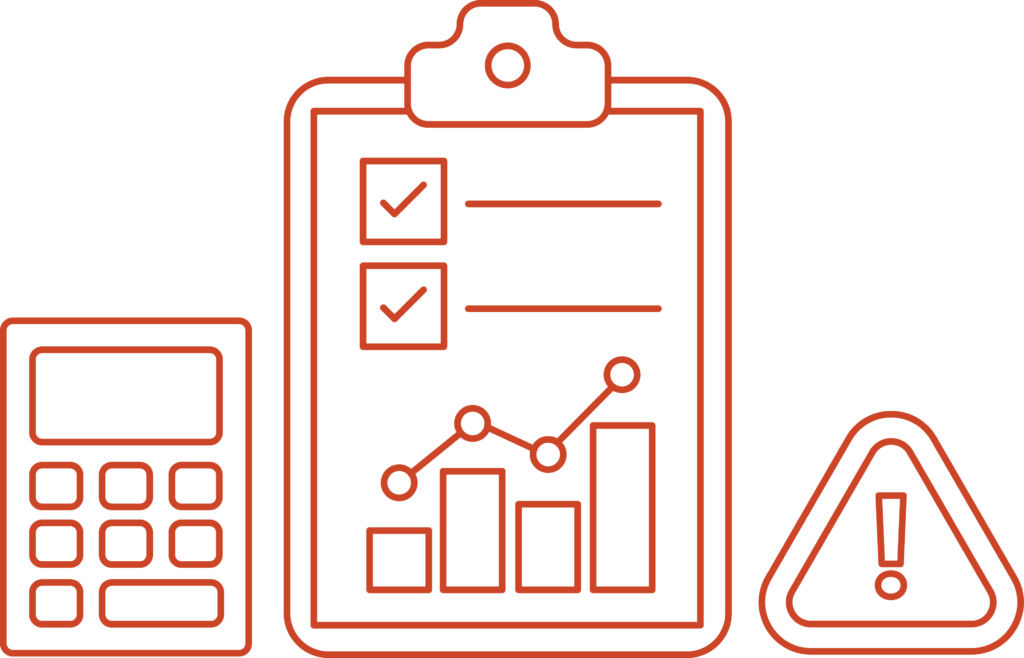 Icon with clipboard, graph, alert symbol, and calculator